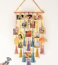 Homecor Hanging Photo Display Wall Decor, Macrame Wall Hanging Boho Room Bedroom Decor, Picture Frame Collage Board with Light 30 Clip, Christmas Teenage Teen Girl Gifts Ages 10 11 12 13 14 Years Old