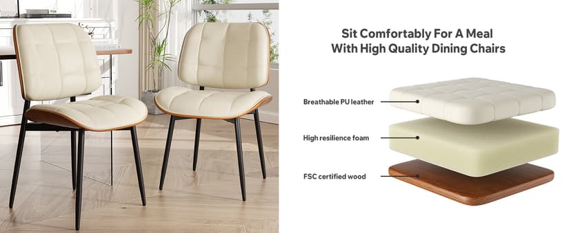 Dining Chairs Set of 2, Mid Century Modern Dining Room Chair with Thick Cushion, Upholstered Faux Leather Kitchen Chairs with Walnut Bentwood Back for Kitchen Dining Room, Beige