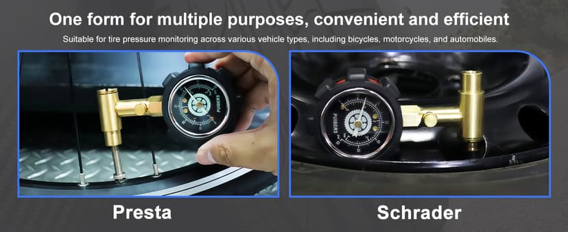 Schrader and Presta Bicycle Tire Pressure Gauge 60 PSI / 4 Bar, Tire Air Pressure Gauge Luminous Dial, Suitable for Car, Motorcycle, Bike, SUV