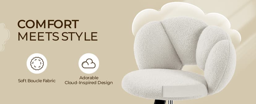 Yaheetech Boucle Upholstered Desk Chair Cloud-Shaped Vanity Chair Adjustable Home Office Computer with Rolling Wheels for Living Room, Bedroom White