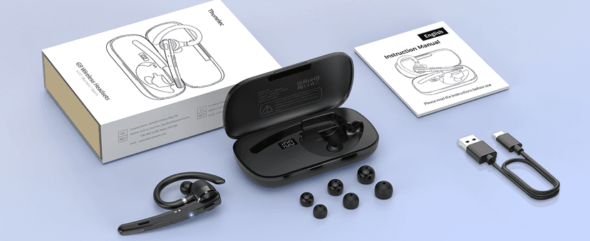 Thunelec Bluetooth Headset, Wireless Bluetooth 5.3 Earpiece, 90Hrs Hands Free Headset with APTX HD Audio & Mute Button, Dual Noise Cancelling Mics, Single-Ear Headphone for Trucker/Business/Office/Gym