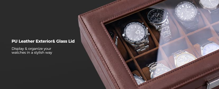 ProCase ProCase Watch Box Organizer, 12 Slot Watch Display Case With Glass Lid, Watch Storage Holder Mens Watch Case, Anniversary Birthday Valentine Gifts for Men Women -12 Slot, Brown