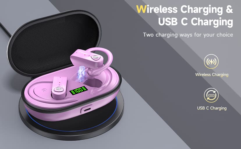 Bluetooth Headphones Noise Canceling 4 Mics Clear Call Stereo Bass Sound 60H Playtime Wireless Charging Case Over Ear Earphones LED Digital Display Headset with Earhooks for Sports Running Workout Gym