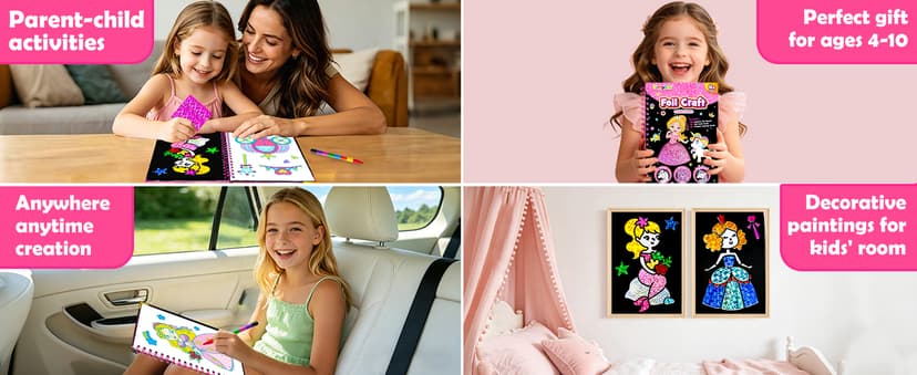 Mess-Free & No-Glue Activity,Kids Ages 4-10 Create 16 Sparkly Princess Unicorn Pictures,Halloween Toy & Birthday Gift for Kid FUNNYB&G Foil Art Craft Kit for Kids, Halloween Crafts Gift Toy for Kids B0DK6DYYD8