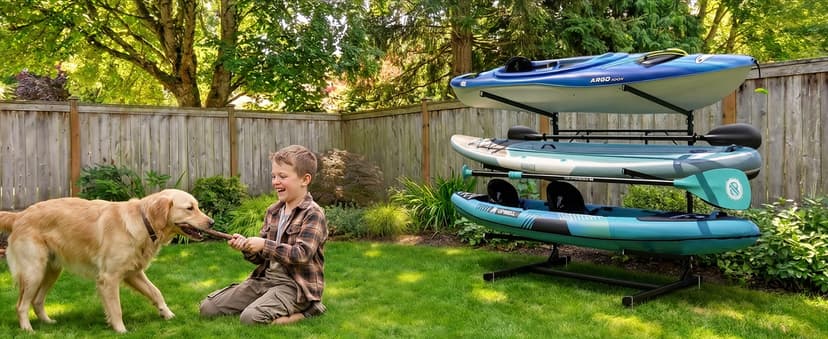 Faesun 3-Tier Kayak Storage Rack, Freestanding Kayak Rack with Paddle Hook, Adjustable Heavy Duty Kayak Stand with Ground Pegs, Storage Rack for Kayak, Canoe, Surfboard & Paddleboard