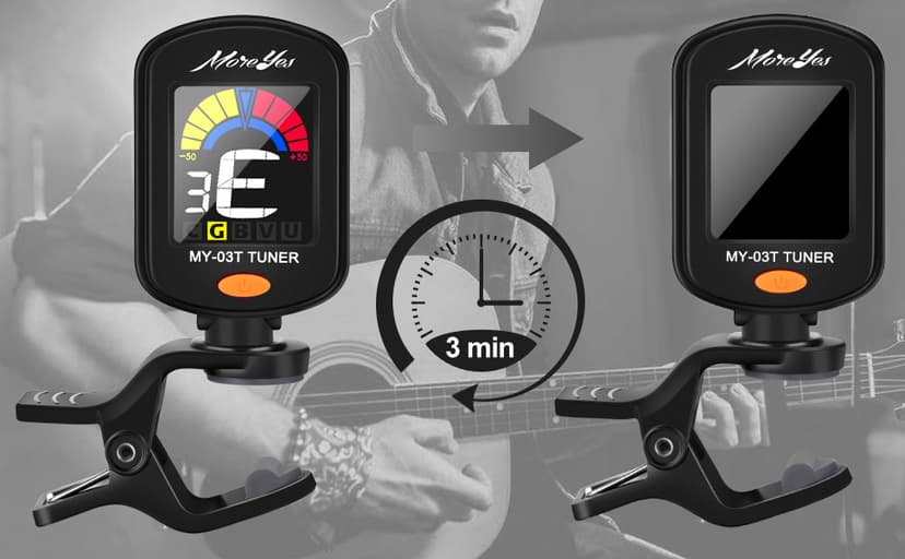 MOREYES Rechargeable Guitar Tuner Clip On with 28Pcs Guitar Picks, Guitar Tuner for Acoustic Guitar, Electric Guitar, Bass, Ukulele & Chromatic Tuning Modes, Full Color Display