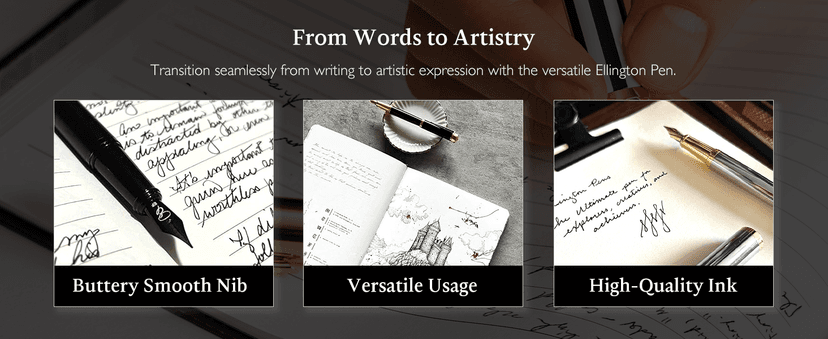 Ellington Pens Luxury Fountain Pen Set - Fountain Pen For Writing - Smooth Medium Nib - Includes Refillable Ink Converter, 3 Ink Cartridges, Gift Box - Calligraphy, Journaling, Sketching (The Stealth)