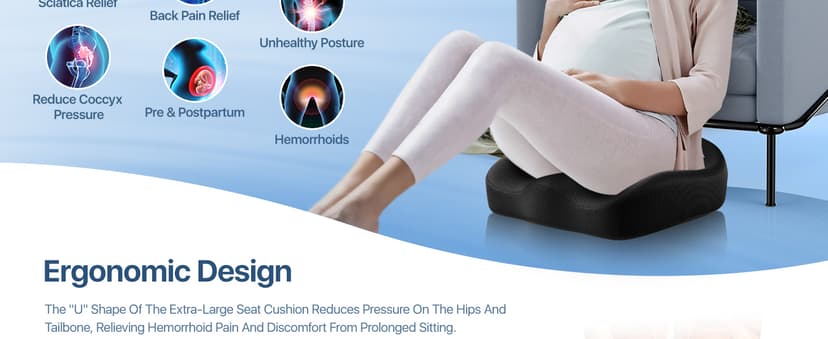 CJACSOC Seat Cushion, Extra Large Memory Foam Cushion for Office Chair Cushions, Ergonomic Cushions Pad Pillow for Pressure Relief Sciatica & Pain Relief for Long Sitting
