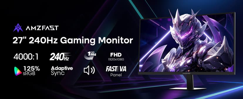 Amzfast 27" 240Hz 1ms FPS Gaming Monitor, Fast VA FHD 1080P, Adaptive Sync, HDR 400, 4000:1 Contrast, 125% sRGB, Built-in Speaker, HDMI 2.0 & DP 1.4 with DP Cable, VESA