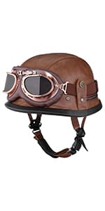 Yesmotor Motorcycle Half Helmet Retro German Handmade Leather Half Face Quick Release Buckle & Goggles - DOT Approved (Dark Brown, L)