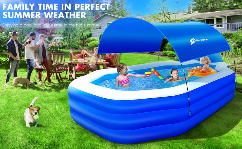 Inflatable Pool with Canopy, Large Inflatable Swimming Pool for Kids,Adult, Blow Up Pools with Seats,Backrest.Durable Thickened Inflatable Family Pools for Backyard,118"x75"x22"-Dark Blue