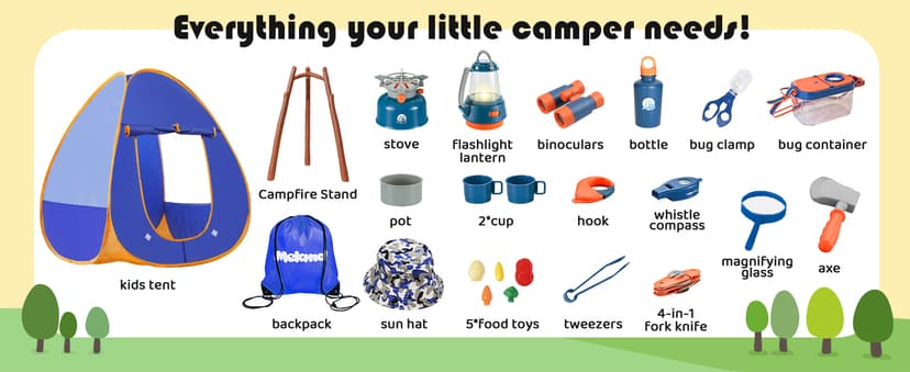 Pop-up tent, campfire, lantern, binoculars and camping gear for realistic pretend adventures indoors or outdoors Meland Camping Play Set for Child 3-6, Pretend Adventure Toy Gift B094XXBT8Z