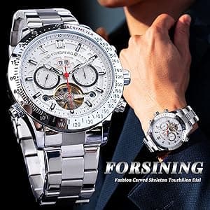 FORSINING Men Tourbillon Mechanical Self-Wind Watch, Day Date Month Full Calendar, Luminous Tachymeter Multifunctional Automatic Watches, Carved Big Dial Stainless Steel Band Wrist Watch