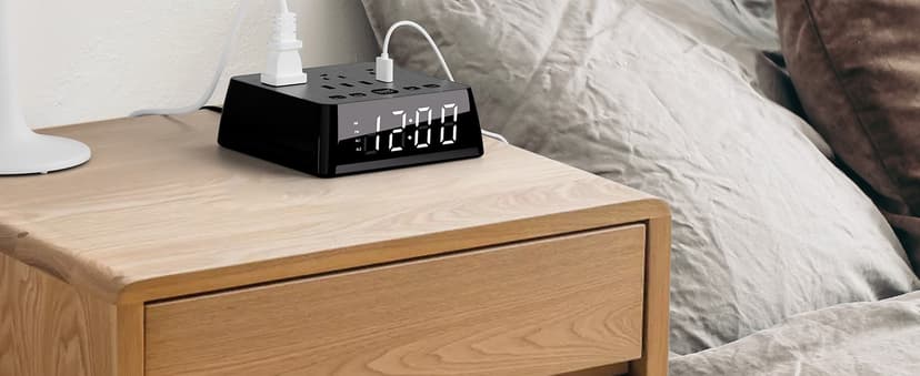 JACKYLED Alarm Clock with 4 USB Chargers Power Strip 3 Outlets 1700J Surge Protector Nightstand Dimmable Digital Clock with Dual Alarm and Snooze Function for Bedroom, Full Screen LED Display