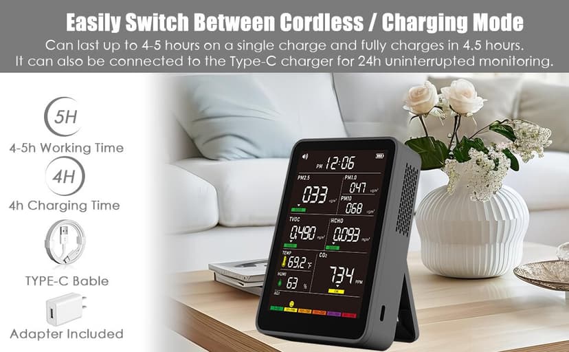 Professional Indoor Air Quality Monitor with AQI Alerts, Portable Real-Time Detector for Home, Car, Plants & Pet (Advanced Black)