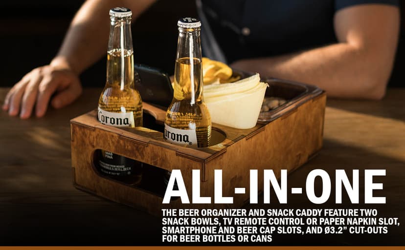 Wood Beer Box - Gift for Beer Lovers, Dad, Man, Him, Boyfriend- Drink Box Snacks Tray- Table Stand Caddy with slots for glasses, chips, nuts- Couch Organizer for Beverages, Remote Control, Phone stand