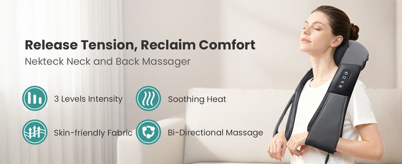 Nekteck Shiatsu Neck and Back Massager with Soothing Heat, Shoulder Massager for Pain Relief Deep Tissue, Electric 3D Kneading Massage Tools for Leg Body Muscle, Corded Power, Gifts for Him Her