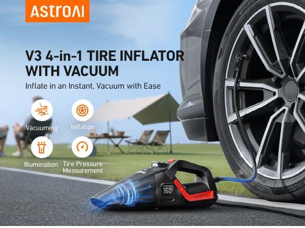 AstroAI 4-in-1 Car Vacuum Cleaner and Tire Inflator Portable with Accessories Air Compressor Digital Dual Values Display, 150 PSI Car Tires Air Pump with LED Light, 12V DC, 16.4FT Cord for Auto