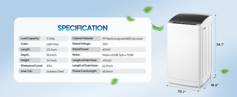 ROVSUN 17.8LBS Full Automatic Washing Machine and 1.5CuFt Portable Clothes Dryer Set, Compact Laundry Washer and Dryer Combo Set with Stainless Steel Inner Tub, for Apartment, Dorms, Home