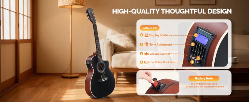 GLARRY 36in Acoustic Electric Guitar Beginner Kit with 15W Amp, 5-band EQ Dreadnought Design 6 Strings Electric Acoustic Guitar with Bag, Strap, Picks, Strings, Wrench (Black)