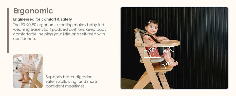 Abiie Beyond Junior Wooden High Chair for Babies and Toddlers - Convertible 3-in-1 Baby Highchair with Removable Tray - 6 Months to 250 Lb - Water Resistant - Natural Wood/Dove Grey Cushion