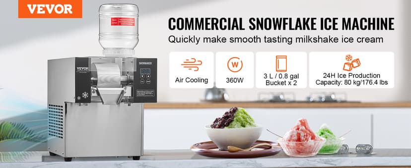 VEVOR Commercial Snowflake Ice Machine, 176.4LBS/24H Snowflake Ice Maker, Stainless Steel Ice Shaver Machine, Electric Snow Cone Maker, Air Cooling System for Rapid Heat Dissipation, for Bakery, Café