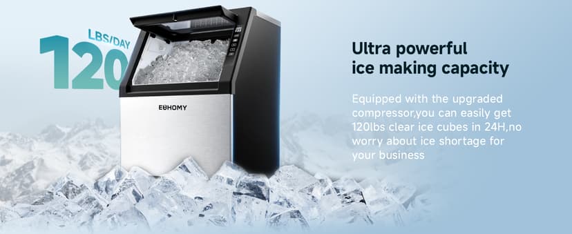 EUHOMY Commercial Ice Maker Machine,120lbs/24H Stainless Steel Under Counter Ice Machine with 33lbs Storage Bin, Freestanding Ice Maker for Home/Bar/Cafe/Restaurant