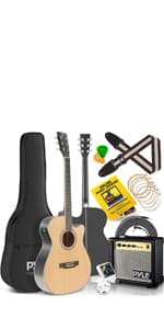Pyle Cutaway Acoustic Electric Guitar and Amp Kit, 4/4 Full Size Spruce Wood Body with 10W Amplifier, Gig Bag, Strap, Extra Steel Strings, Picks, Cable, for Beginners and Adults, Natural
