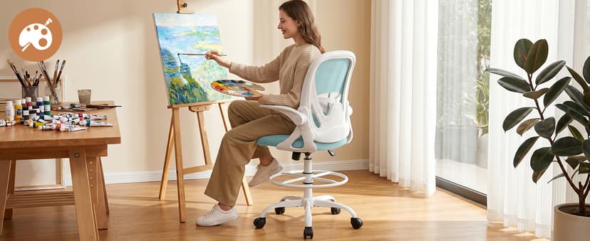 Primy Drafting Chair Tall Office Chair with Flip-up Armrests Executive Ergonomic Computer Standing Desk Chair with Lumbar Support and Adjustable Footrest Ring(Light Blue)