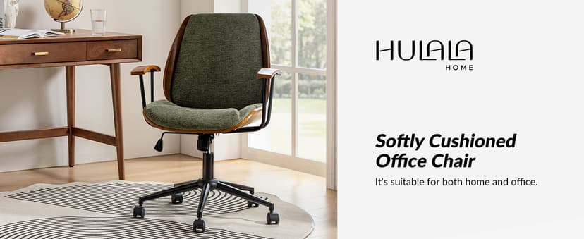 HULALA HOME Solid Wood Office Chair with Rocking Function, Comfy Fabric Desk Chair with Bent Wood and Metal Base, Height Adjustable Swivel Computer Task Chair, Green