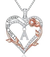 Iefil Rose Heart Necklaces Gifts for Women - 925 Sterling Silver Heart Initial Necklace, Anniversary Birthday Gifts for Women, Jewelry Gift for Wife Wife Girlfriend Mom