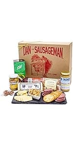 Dan the Sausageman Silver Star Gourmet Meat & Cheese Gift Box – Original & Garlic Summer Sausages, Sweet Hot Mustard, Sockeye Salmon, Water Crackers, Almond Roca – 8-Item Holiday Snack Box
