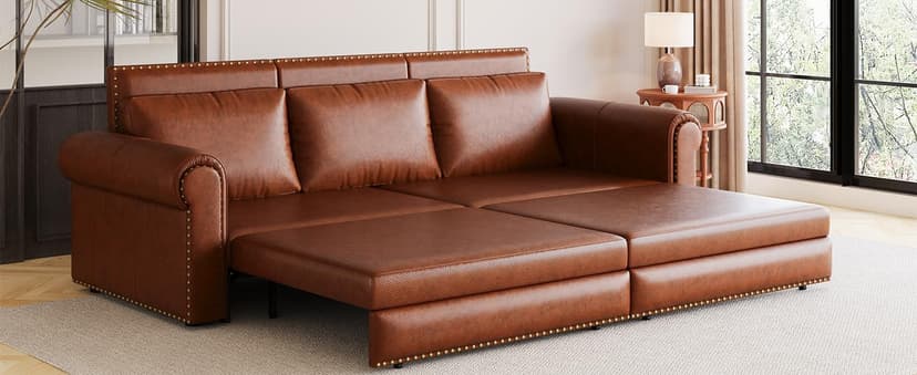 LuxyHoom 93.7" King Size Sleeper Sofa Bed, Pull Out Sofa Bed, Faux Leather Upholstery, 3 in 1 Convertible Sleeper Couch, Chaise Lounge, Retro Recliner for Living Room, Office, Apartment, Dark Brown