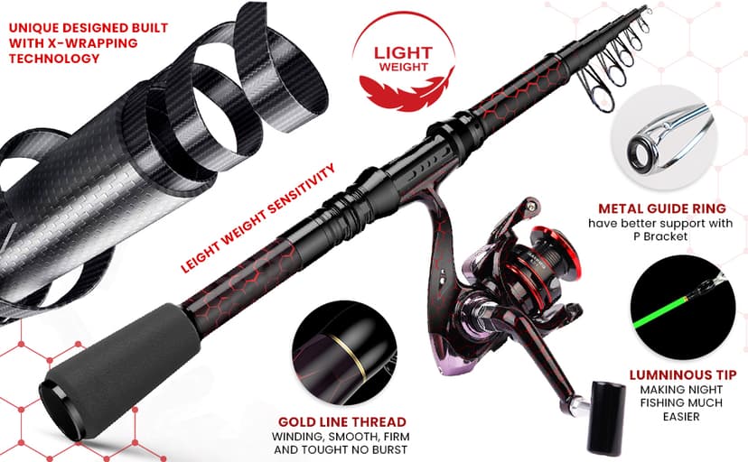 Fishing Rod and Reel Combos, Unique Design with X-Warping Painting, Carbon Fiber Telescopic Fishing Rod with Reel Combo Kit with Tackle Box, Best Gift for Fishing Beginner and Angler