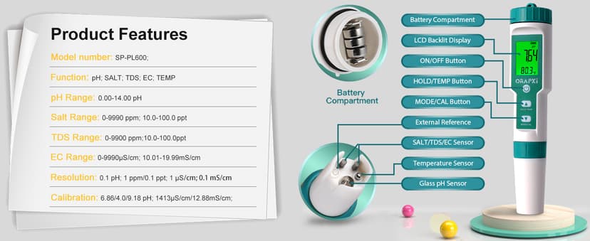 Pool Salt Tester ORAPXI pH and Salt Meter for Saltwater Pool pH and Salinity Digital Tester 5 in 1 Salt Meter for Swimming Pools Hot Tubs and Swim Spas