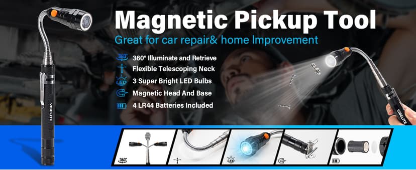 VIBELITE Extendable Magnetic Flashlight with Telescoping Magnet Pickup Tool-Cool Gadget Birthday for Men, Dad, Husband, Him, Father, Mechanic,Tech, Handyman, Boyfriend, Women, Black