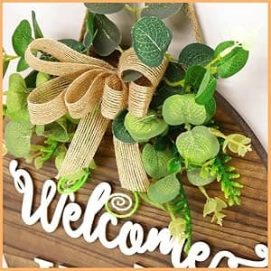 Interchangeable Seasonal Welcome Sign Front Door Decoration, Rustic Round Wood Wreaths Wall Hanging Outdoor, Farmhouse, Porch, for Spring Summer Fall All Seasons Holiday Halloween Christmas.