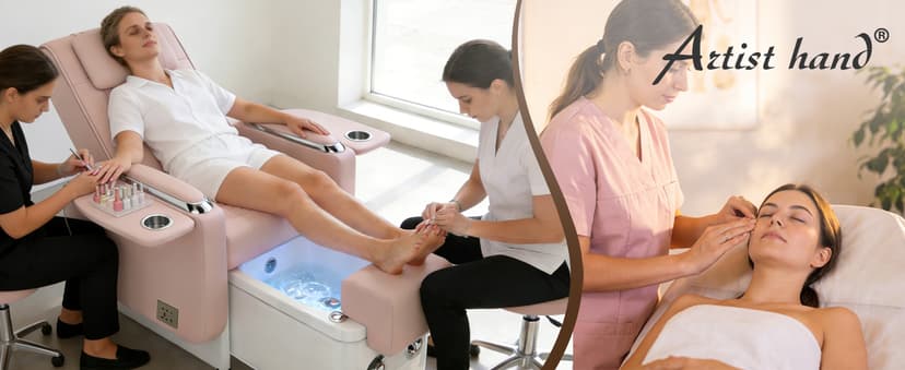 Artist hand Spa Chair with Foot Spa Basin, Manicure & Massage Chair, Electric Recline, 4-Head Back Massage, Hot/Cold Water Controls, LED Light & Jet Tub, Fast Drain Pump, Pull-Out Bowl (Pink)