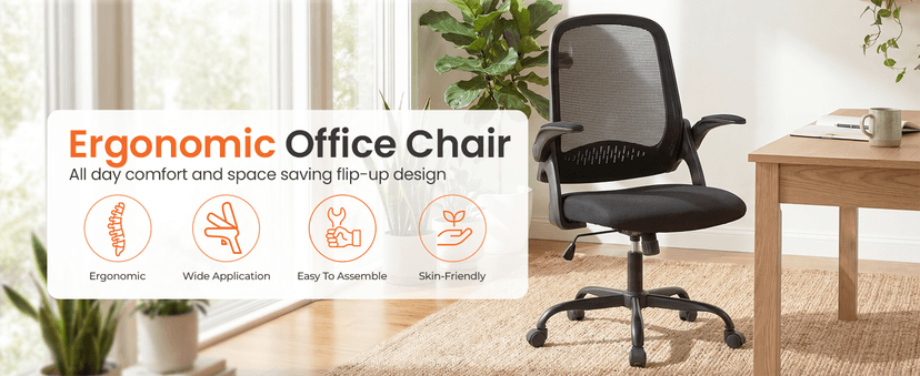 NEO CHAIR Office Chair Gaming Desk Computer Mesh Ergonomic Chair with Flip-up Arms Comfy Lumbar Support Adjustable Height Rolling Wheels Chair for Home Office (All Black)