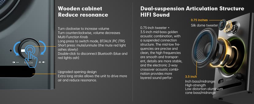 Ortizan C7 Dual-Mode 2.0 Studio Monitors, Active Monitor Speakers for Near Field Music Production, Bluetooth 5.3 Wireless Computer PC Monitor Gaming Bookshelf Speakers(Pair, Black)