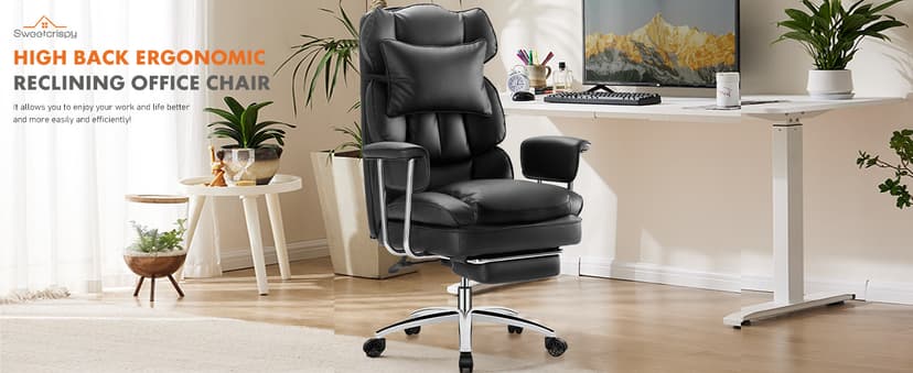 Sweetcrispy Executive Home Office Desk Chair - Ergonomic Big Tall High Back with Footrest & Lumbar Support, Reclining Height Adjustable, Comfy PU Leather Computer Gaming with Swivel Wheels, Black