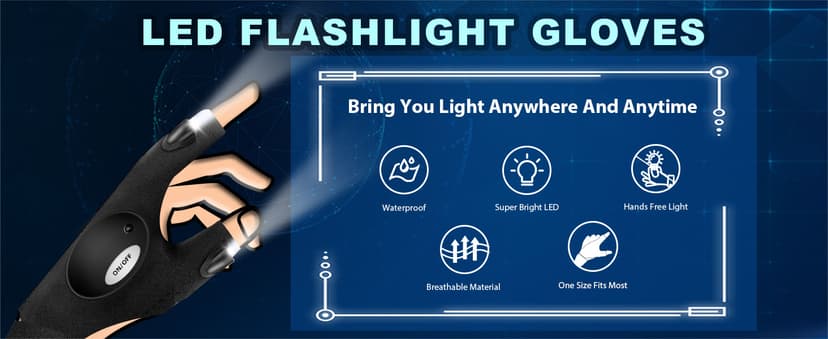 LED Flashlight Gloves, Gifts for Men Him Boyfriend Husband, Cool Gadget Finger Lights Waterproof for Camping Fishing Repairing, Fathers Day Christmas Birthday Gift