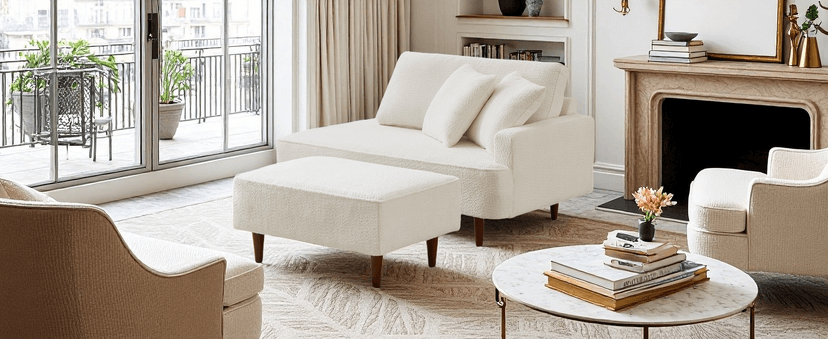 Upholstered Chaise Lounge Chair Indoor with Ottoman Boucle Chaise Lounge Fluffy Reading Chairs for Office Living Room Bedroom Relaxing (Boucle Biege)