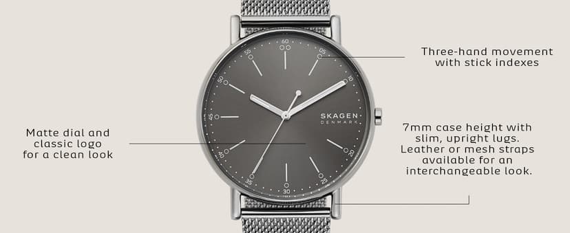 Skagen Signatur Minimalist Men's Watch with Stainless Steel Bracelet, Mesh or Leather Band