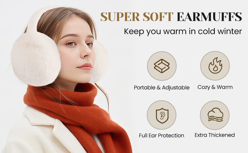 Premillow Ear muffs for Women Winter, Faux Fur Earmuffs, Cute Foldable Fluffy Ear Warmers, Soft Warm Ears Covers for Women
