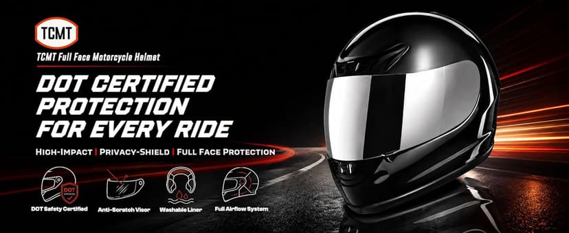TCMT Full Face Motorcycle Helmet for Adults Men Women, Lightweight Polycarbonate Street Bike Dirt Bike Helmet with Anti-Scratch Mirror Shield and Removable Liner, DOT Approved