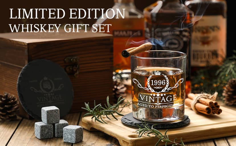30th Birthday Gifts for Men Whiskey Glass Set - 30th Birthday Decorations, Party Supplies - 30 Year Anniversary, Bday Gifts Ideas for Him, Dad, Husband, Friends - Wood Box & Whiskey Stones & Coaster B0BJCWJDC4