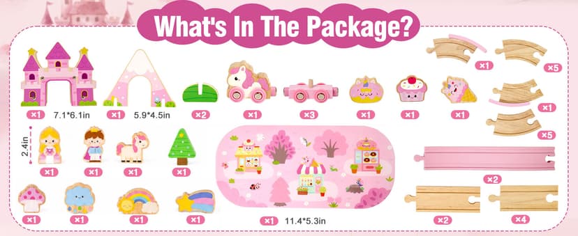 Princess Castle & Magnetic Trains, Compatible with Most Wooden Train Tracks, Birthday Gift for Girls 3 4 5 Year Old Atoylink Wooden Train Set for Toddler Girls, 40Pcs Pink Unicorn Train Toys B0H6HGYDWR