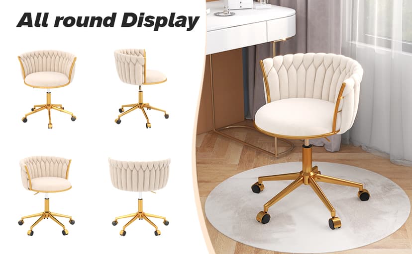 HENGJIANYI Velvet Woven Home Office Chair, Modern Swivel Desk Chair with Wheels, Height Adjustable Vanity Chair with Gold Metal Base and Hand Weaving Back, Beige