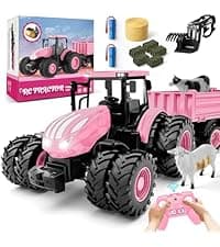 Remote Control Tractor Toy, Kids RC Tractor Set & Truck and Trailer Front Loader - Metal Car Head/8 Wheel/Light, Toddlers Farm Vehicle Toys for 3 4 5 6 7 8 9 Year Old Boys Girls Birthday Gift